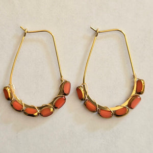Coral Orange Czech Glass Wrapped Hoop Earrings