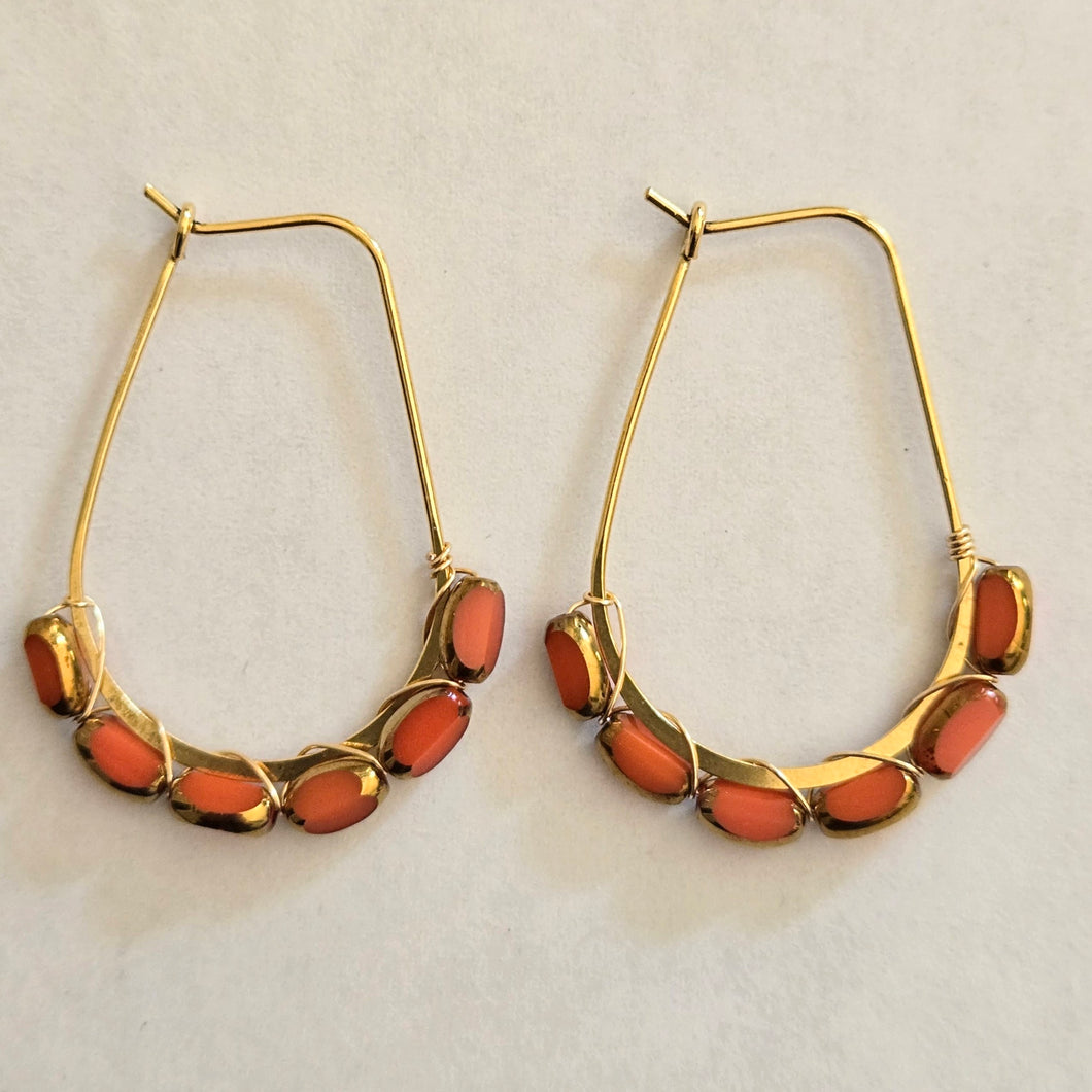 Coral Orange Czech Glass Wrapped Hoop Earrings