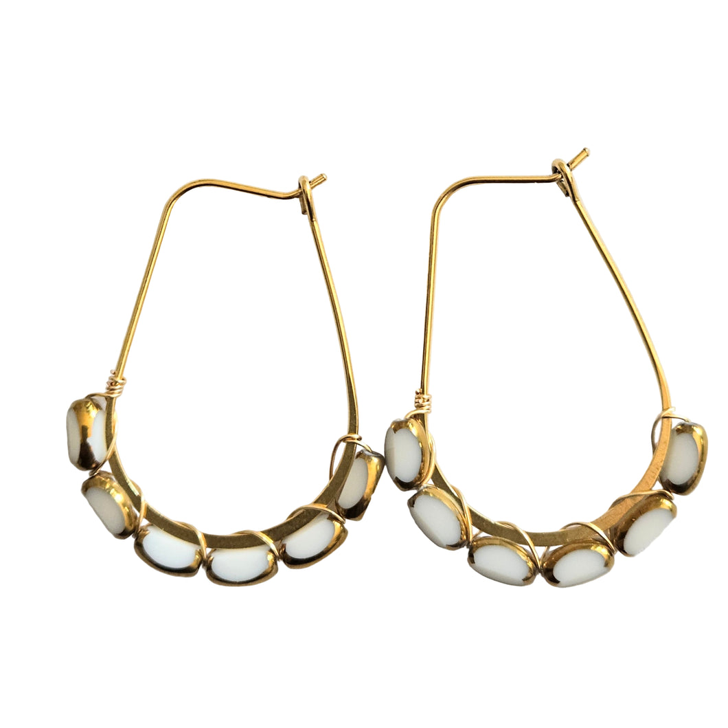 White and Gold Czech Glass Wrapped Hoop Earrings