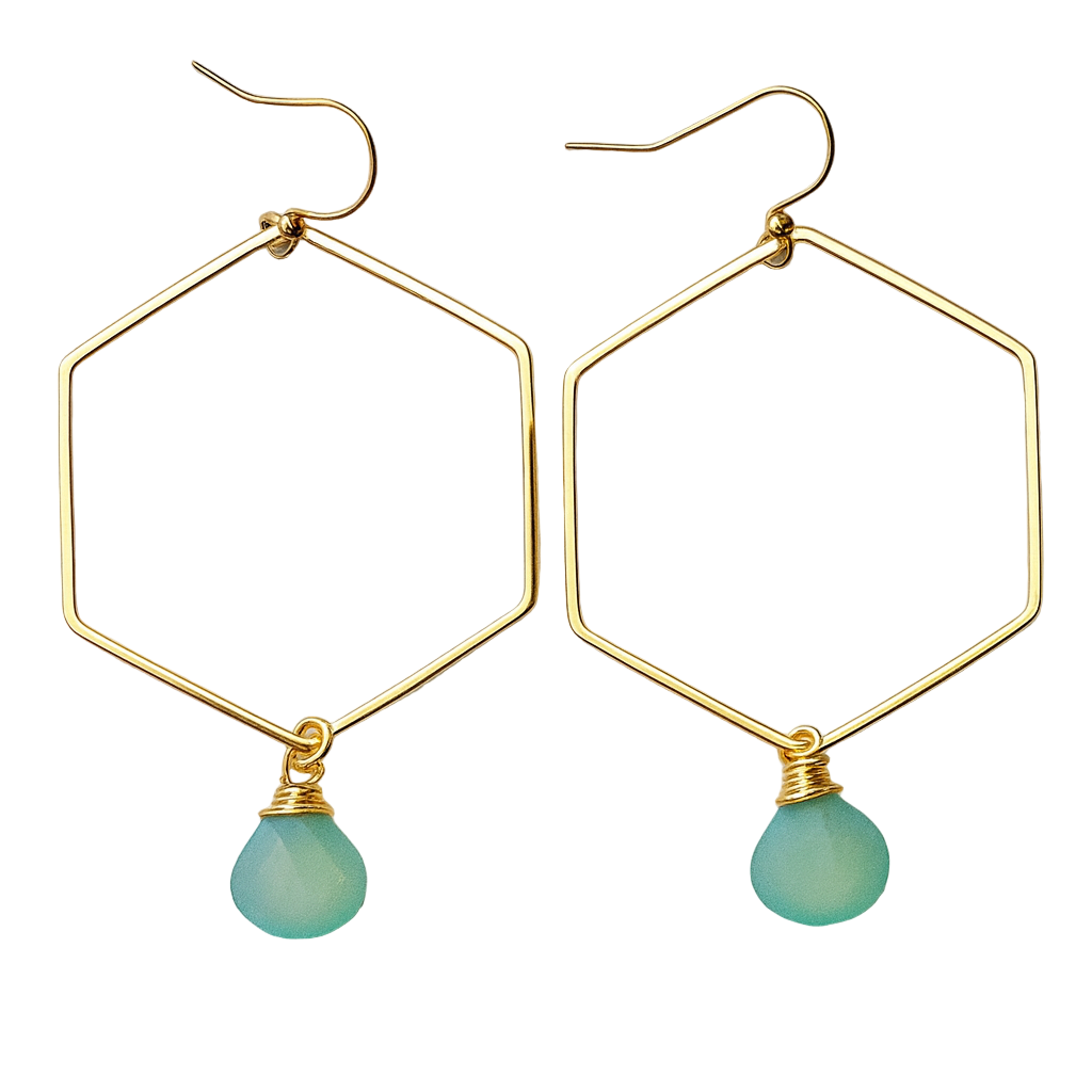 Modern Hex Hoops with wrapped Aqua Chalcedony drops Earrings