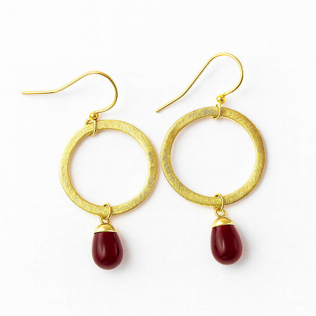 Handcrafted Garnet Drop Hoop Earrings