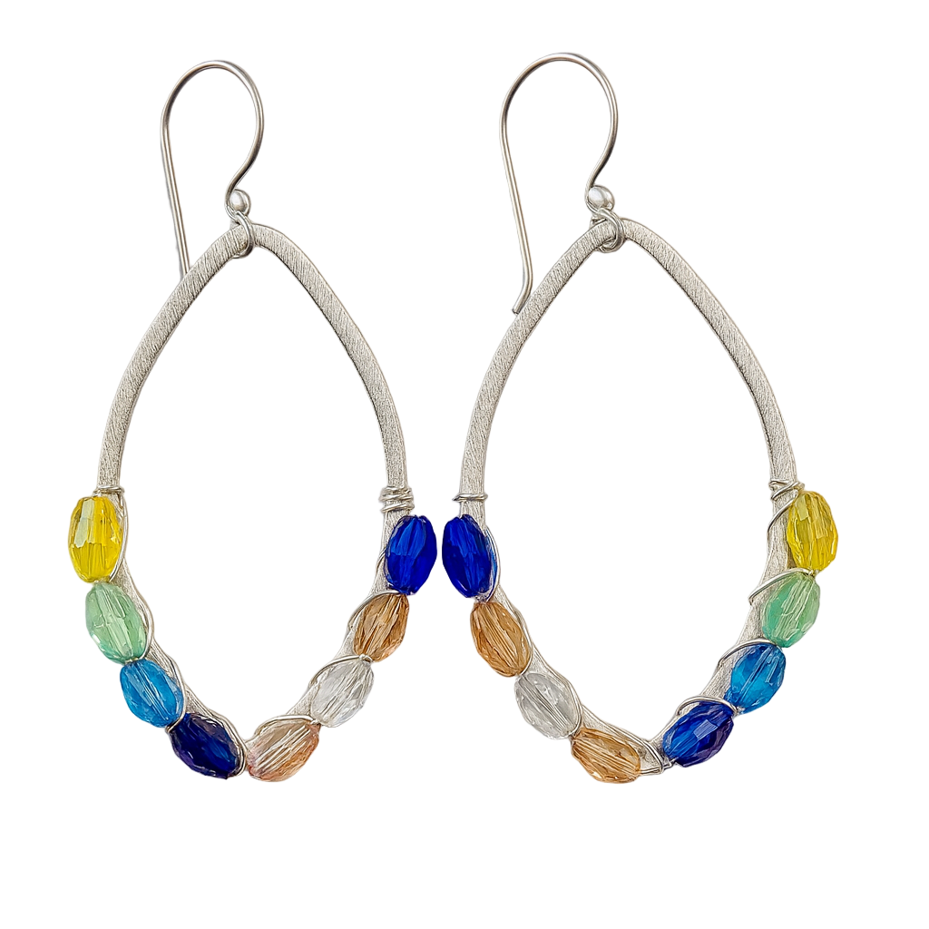 Hand Wrapped Festive Multi color Crystal Silver Marquise Earrings