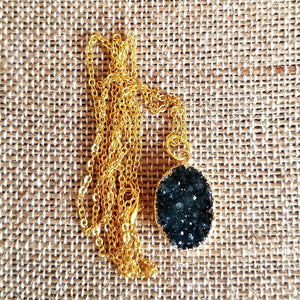 Black Drusy Quartz gold tone Pendant Necklace