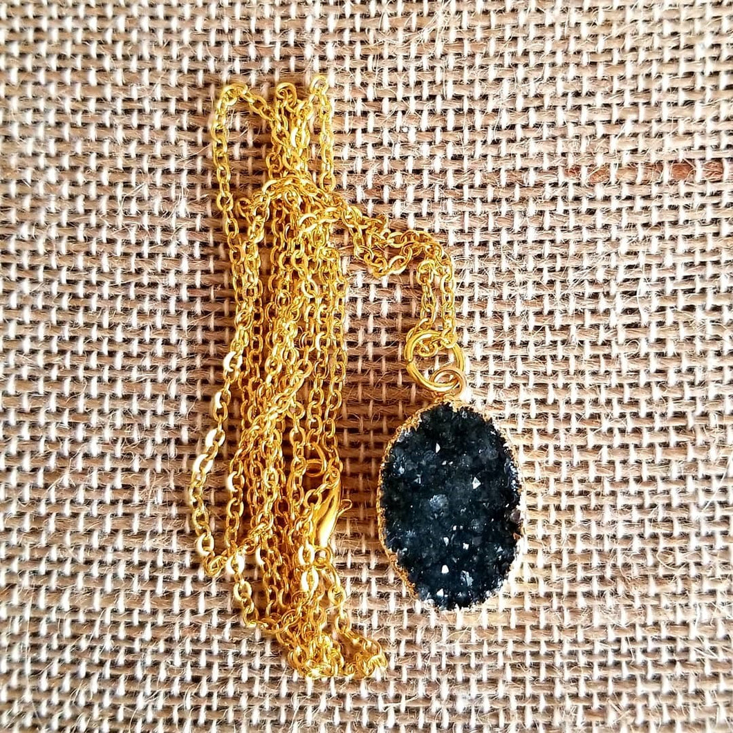 Black Drusy Quartz gold tone Pendant Necklace