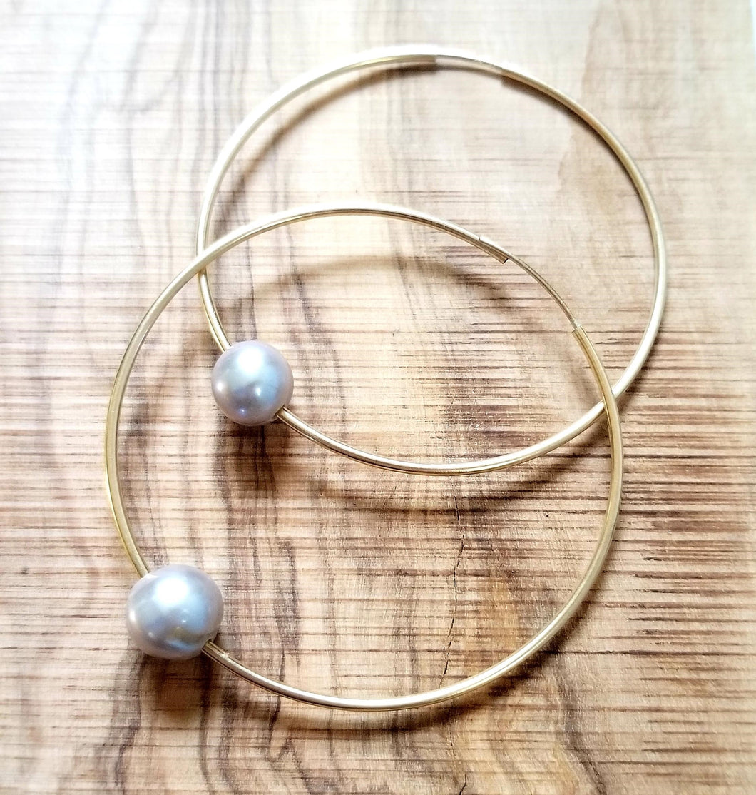 Soft Gray Pearl Large Hoop Earrings